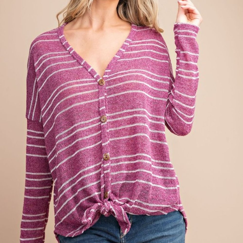 Striped Tie Waist Button Front Top NWT